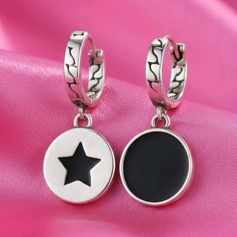 925 Silver Black Hoop Drop Earring Star Round Celestial Charms Reversible design